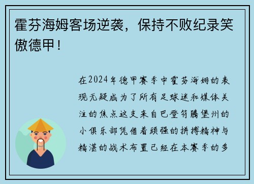 霍芬海姆客场逆袭，保持不败纪录笑傲德甲！